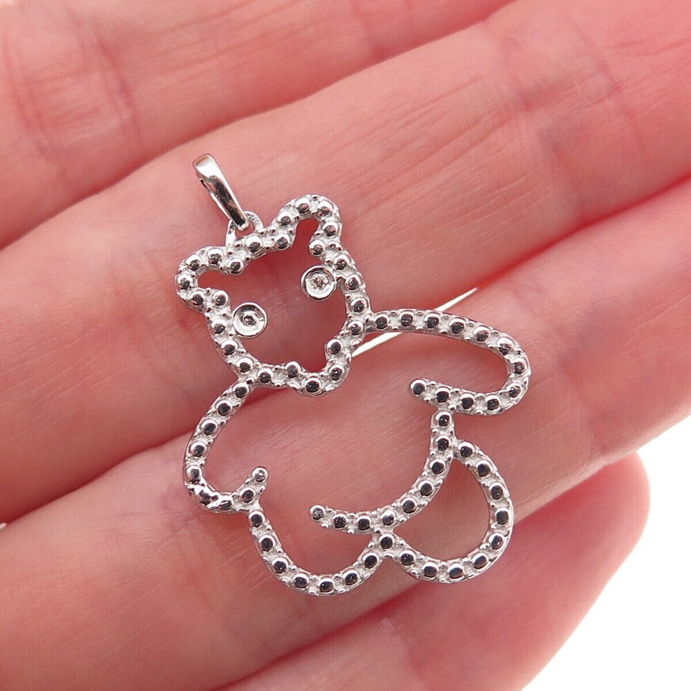 925 Sterling Silver Real Round-Cut Diamond Bear Dotted Charm Pendant